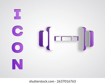 Paper cut Dumbbell icon isolated on grey background. Muscle lifting icon, fitness barbell, gym, sports equipment, exercise bumbbell. Paper art style. Vector Illustration