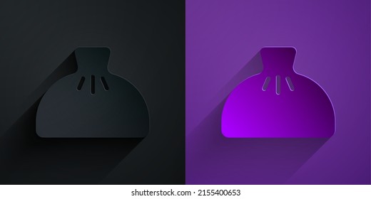 Paper cut Dumpling icon isolated on black on purple background. Traditional chinese dish. Paper art style. Vector