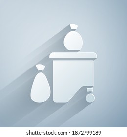 Paper cut Dumpsters being full with garbage icon isolated on grey background. Garbage is pile lots dump. Garbage waste lots junk dump. Paper art style. Vector