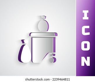 Paper cut Dumpsters being full with garbage icon isolated on grey background. Garbage is pile lots dump. Garbage waste lots junk dump. Paper art style. Vector