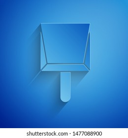 Paper cut Dustpan icon isolated on blue background. Cleaning scoop services. Paper art style. Vector Illustration