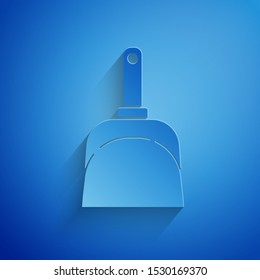 Paper cut Dustpan icon isolated on blue background. Cleaning scoop services. Paper art style. Vector Illustration