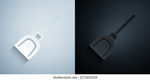Paper cut Dustpan icon isolated on grey and black background. Cleaning scoop services. Paper art style. Vector