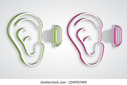 Paper cut Earplugs and ear icon isolated on grey background. Ear plug sign. Noise symbol. Sleeping quality concept. Paper art style. Vector