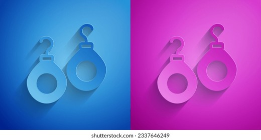 Paper cut Earrings icon isolated on blue and purple background. Jewelry accessories. Paper art style. Vector