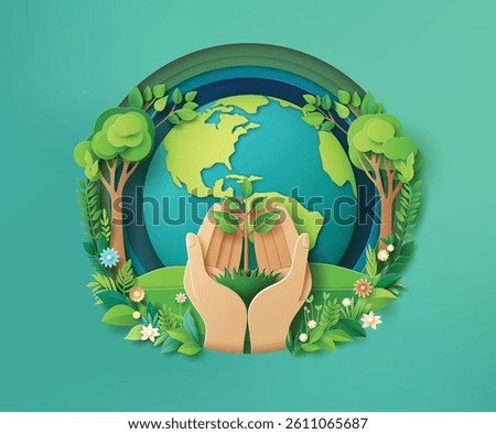 Paper cut Earth Day concept with hands nurturing trees and the globe. Great for sustainability and eco projects.