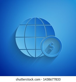 Paper cut Earth globe with dollar symbol icon isolated on blue background. World or Earth sign. Global internet symbol. Geometric shapes. Paper art style. Vector Illustration