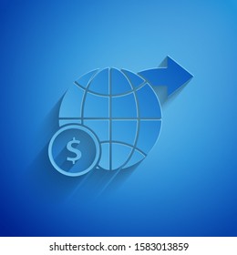 Paper cut Earth globe with dollar symbol icon isolated on blue background. World or Earth sign. Global internet symbol. Geometric shapes. Paper art style. Vector Illustration