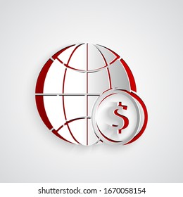 Papier geschnitten Erdkugel mit Dollar Symbol einzeln auf grauem Hintergrund. Welt- oder Erdzeichen. Globales Internetsymbol. Geometrische Formen. Kunststil aus Papier. Vektorillustration-Illustration