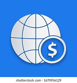 Paper cut Earth globe with dollar symbol icon isolated on blue background. World or Earth sign. Global internet symbol. Geometric shapes. Paper art style. Vector Illustration