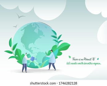 Paper Cut Earth Globe with Green Leaves and Cartoon Men Gardening on the Occasion of World Environment Day Concept.