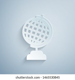 Paper cut Earth globe icon isolated on grey background. Paper art style. Vector Illustration