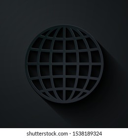 Paper cut Earth globe icon isolated on black background. Paper art style. Vector Illustration