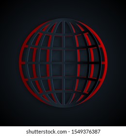 Paper cut Earth globe icon isolated on black background. Paper art style. Vector Illustration