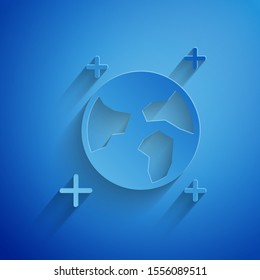 Paper cut Earth globe icon isolated on blue background. World or Earth sign. Global internet symbol. Geometric shapes. Paper art style. Vector Illustration