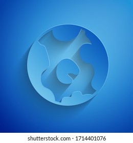 Paper cut Earth globe icon isolated on blue background. World or Earth sign. Global internet symbol. Geometric shapes. Paper art style. Vector Illustration