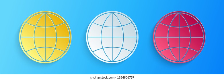 Paper cut Earth globe icon isolated on blue background. World or Earth sign. Global internet symbol. Geometric shapes. Paper art style. Vector.