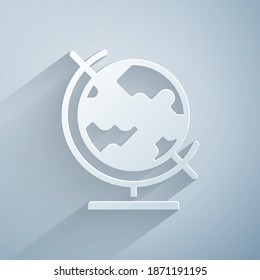 Paper cut Earth globe icon isolated on grey background. Paper art style. Vector