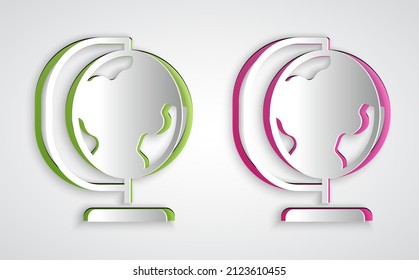 Paper cut Earth globe icon isolated on grey background. Paper art style. Vector