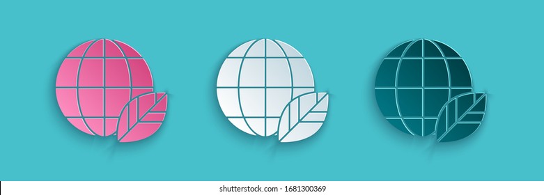 Icono de hoja y globo cortado en papel aislado en fondo azul. Signo mundial o terrestre. Formas geométricas. Concepto medioambiental. Estilo de arte de papel. Ilustración vectorial