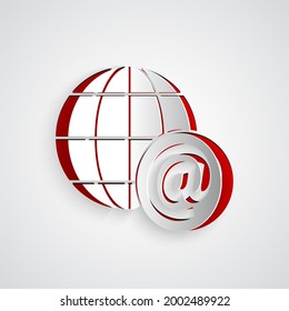 Paper cut Earth globe with mail and e-mail icon isolated on grey background. Envelope symbol e-mail. Email message sign. Paper art style. Vector Illustration