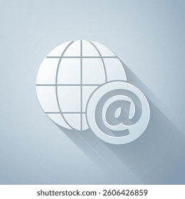 Paper cut Earth globe with mail and e-mail icon isolated on grey background. Envelope symbol e-mail. Email message sign. Paper art style. Vector Illustration