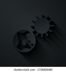 Paper cut Earth globe and sun icon isolated on black background. World or Earth sign. Global internet symbol. Geometric shapes. Paper art style. Vector Illustration