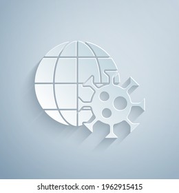 Paper cut Earth globe with virus icon isolated on grey background. Corona virus 2019-nCoV. Bacteria and germs, cell cancer, microbe, fungi. Paper art style. Vector