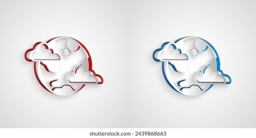 Planeta de la Tierra cortada de papel con el icono de las nubes aislado en el fondo gris. Globo terrestre con atmósfera cubierta de nubes y gases. Estilo de arte de papel. Vector