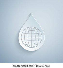 Paper cut Earth planet in water drop icon isolated on grey background. World globe and water drop. Saving water and world environmental protection. Paper art style. Vector Illustration