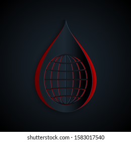 Paper cut Earth planet in water drop icon isolated on black background. World globe and water drop. Saving water and world environmental protection. Paper art style. Vector Illustration