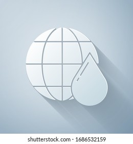Paper cut Earth planet in water drop icon isolated on grey background. Saving water and world environmental protection. Paper art style. Vector Illustration