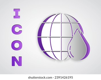 Paper cut Earth planet in water drop icon isolated on grey background. World globe. Saving water and world environmental protection. Paper art style. Vector Illustration