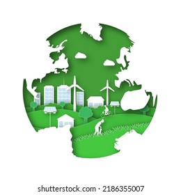 Paper Cut Earth Shape With Windmills, Solar Panel, Buildings, Clouds And Trees. Save Nature or Green Energy Concept.
