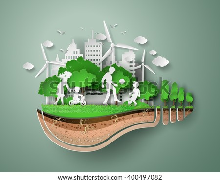 Paper cut earth slice showing eco family, clean city and green trees representing sustainable living.