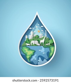 Paper cut earth and wildlife within a water drop, representing biodiversity and ecological protection for World Water Day.