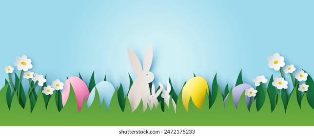 Corte de papel del día de Pascua con huevo y conejo en el jardín de flores. Anuncio de Pascua. corte de papel y estilo artesanal. Vector, ilustración.