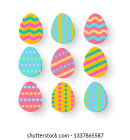 Paper cut Easter Egg set isolated on white backdrop. Simple Eggs Hunt symbol. Colorful holidays element for cards, e-mail newsletter, sale internet banners, advertisement, article. Vector Illustration