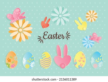 Paper cut Easter eggs and flowers and butterfly and rabbit on blue background with white polka dots. Design element for greeting cards, note cards and invitations.