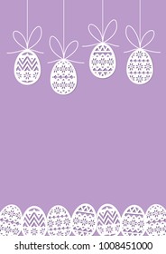 Paper cut Easter eggs are more or less underneath the others down the line - purple background