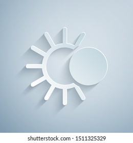 Paper cut Eclipse of the sun icon isolated on grey background. Total sonar eclipse. Paper art style. Vector Illustration
