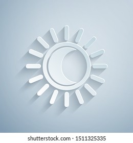 Paper cut Eclipse of the sun icon isolated on grey background. Total sonar eclipse. Paper art style. Vector Illustration