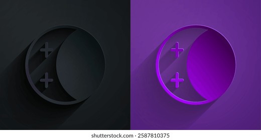 Paper cut Eclipse of the sun icon isolated on black on purple background. Total sonar eclipse. Paper art style. Vector