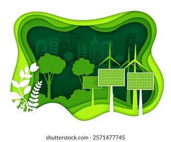 Paper cut eco city with ecological environment. 3d vector frame with sustainable cityscape with wind turbines, solar panel, buildings and trees. Green renewable energy, environmental urban development