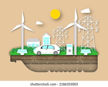 Vista Eco-City de corte de papel con estación de carga de coches, molinos de viento, paneles solares, edificios, sol, nubes, transmisión, energía de renovación o concepto de ahorro ambiental.