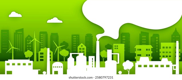 Paper cut eco factory or ecological plant. 3d vector sustainable cityscape with wind turbines, city buildings and trees in green and white colors. Renewable energy, environmental urban development