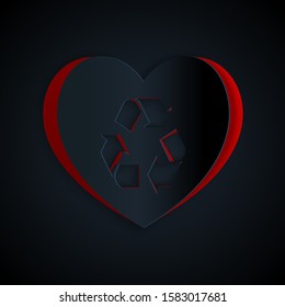 Paper cut Eco friendly heart icon isolated on black background. Heart eco recycle nature bio. Environmental concept. Paper art style. Vector Illustration