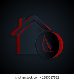 Paper cut Eco friendly house icon isolated on black background. Eco house with leaf. Paper art style. Vector Illustration