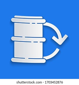 Paper cut Eco fuel barrel icon isolated on blue background. Eco bio and barrel. Green environment and recycle. Paper art style. Vector Illustration