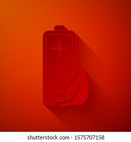 Paper cut Eco nature leaf and battery icon isolated on red background. Energy based on ecology saving concept. Paper art style. Vector Illustration